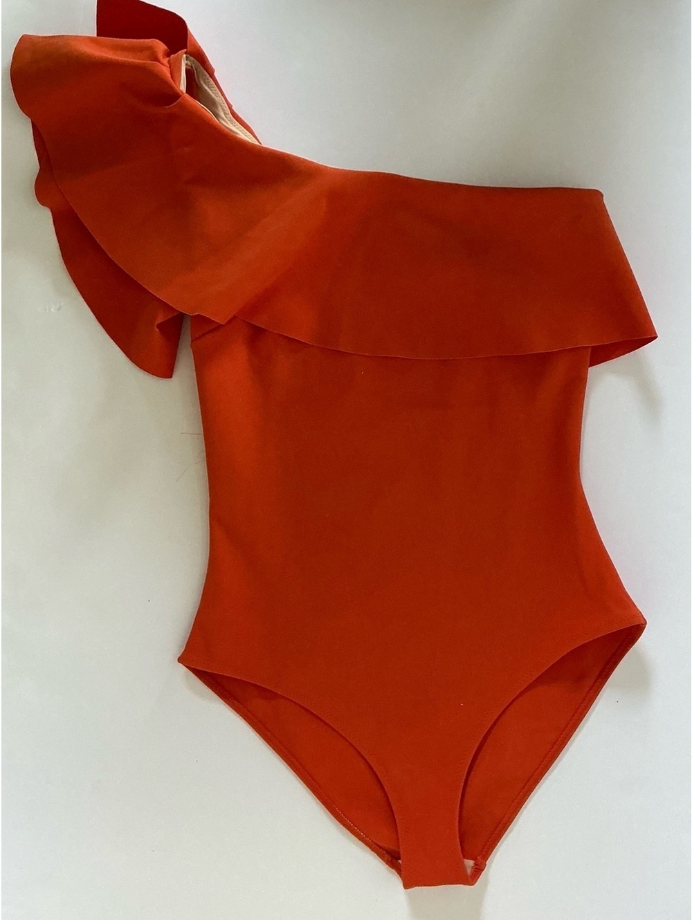 Chiara Boni One-Shoulder Ruffle Maillot in Bright Orange-Red